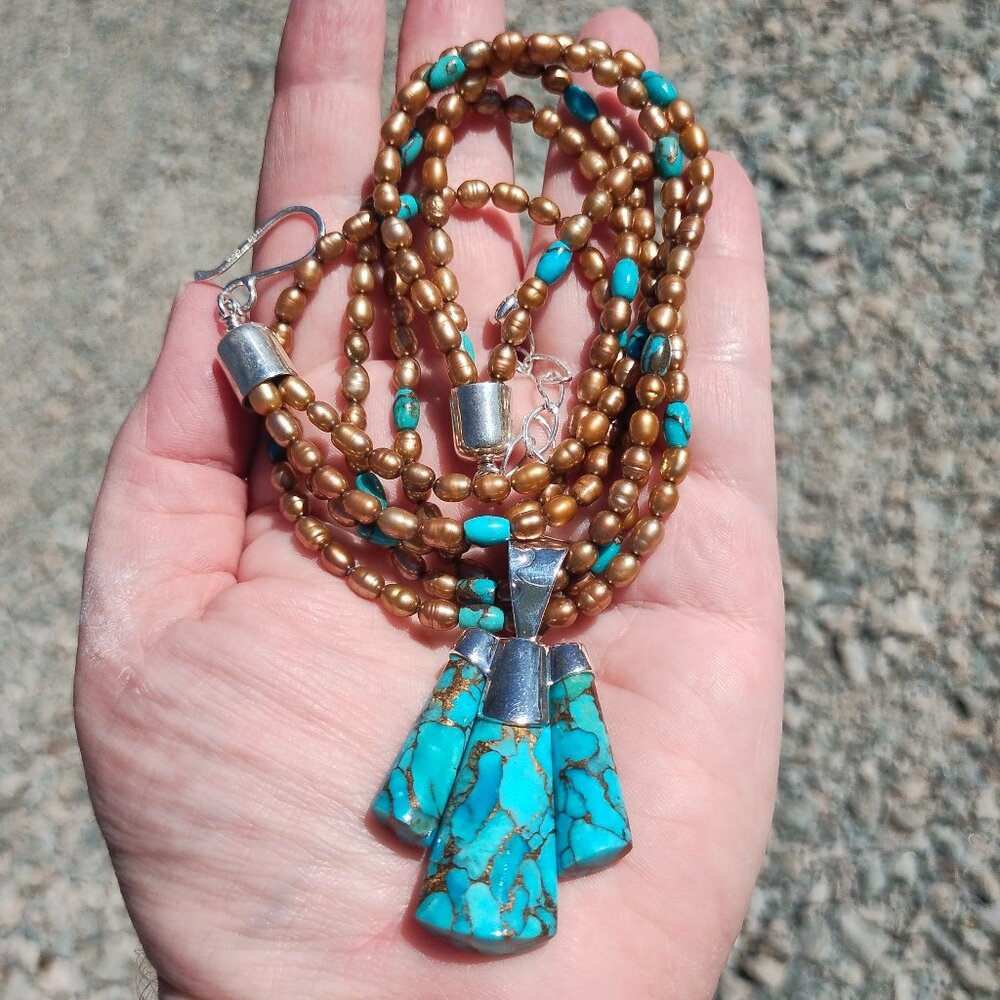 Jay King DTR multi strand necklace turquoise pendant gold matrix 925 Sterling Si